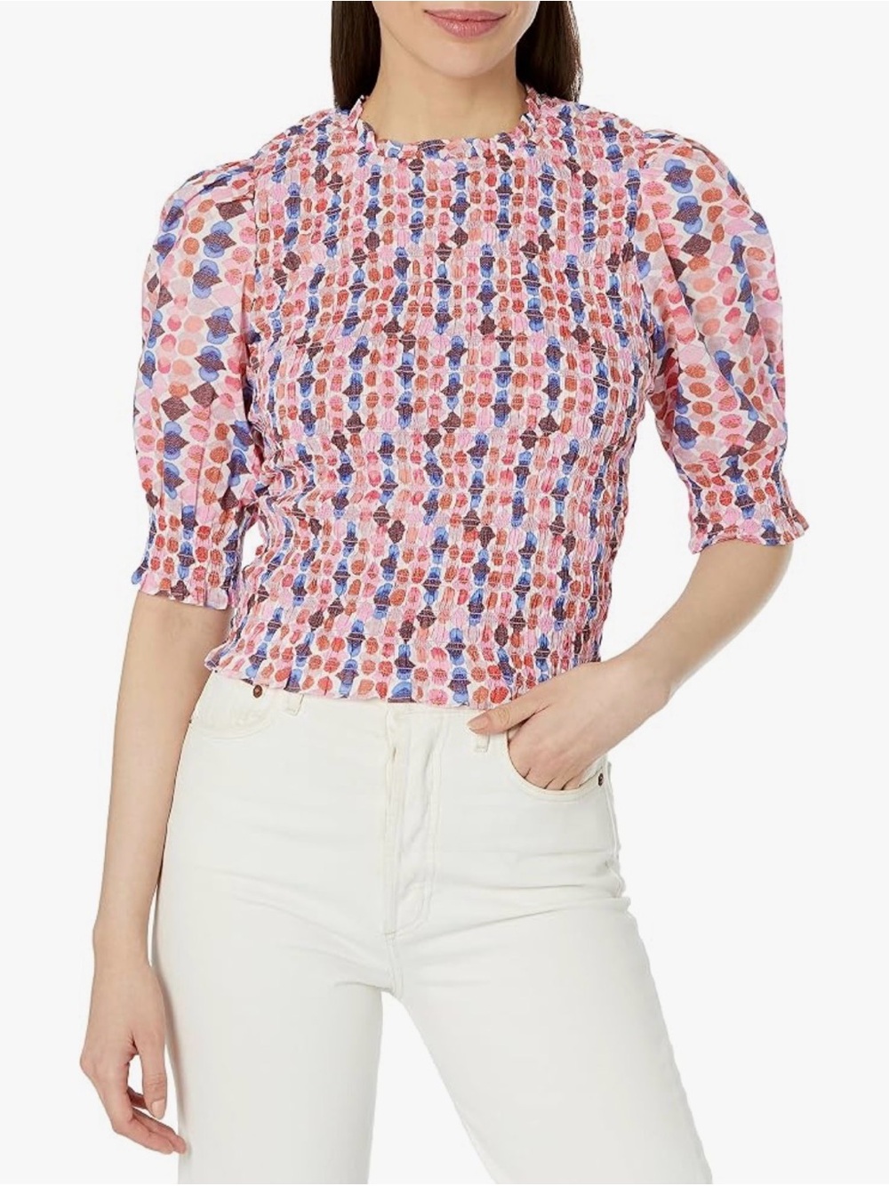 NIC+ZOE Women's Geo Dots Smocked Top. Size large.